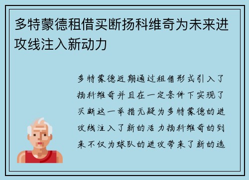 多特蒙德租借买断扬科维奇为未来进攻线注入新动力